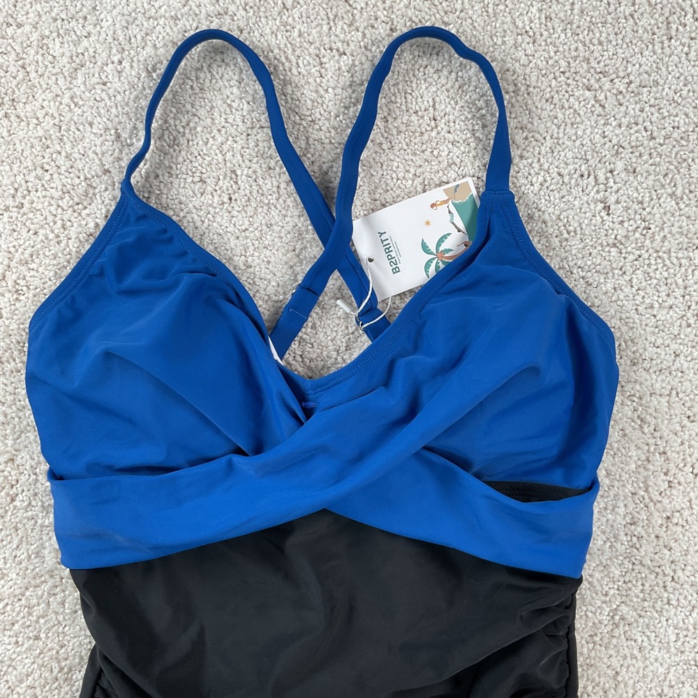 B2PRITY Womens One Piece Swimsuit Blue Black Ruched Size M NEW - Picture 2 of 7